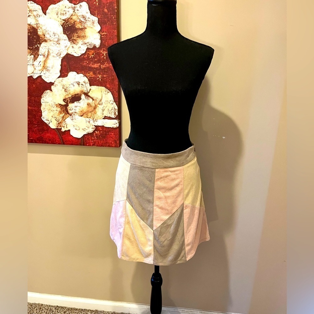 The Paisley Parrot Colorblock Faux Suede Skirt in pastel pink & neutrals, Small